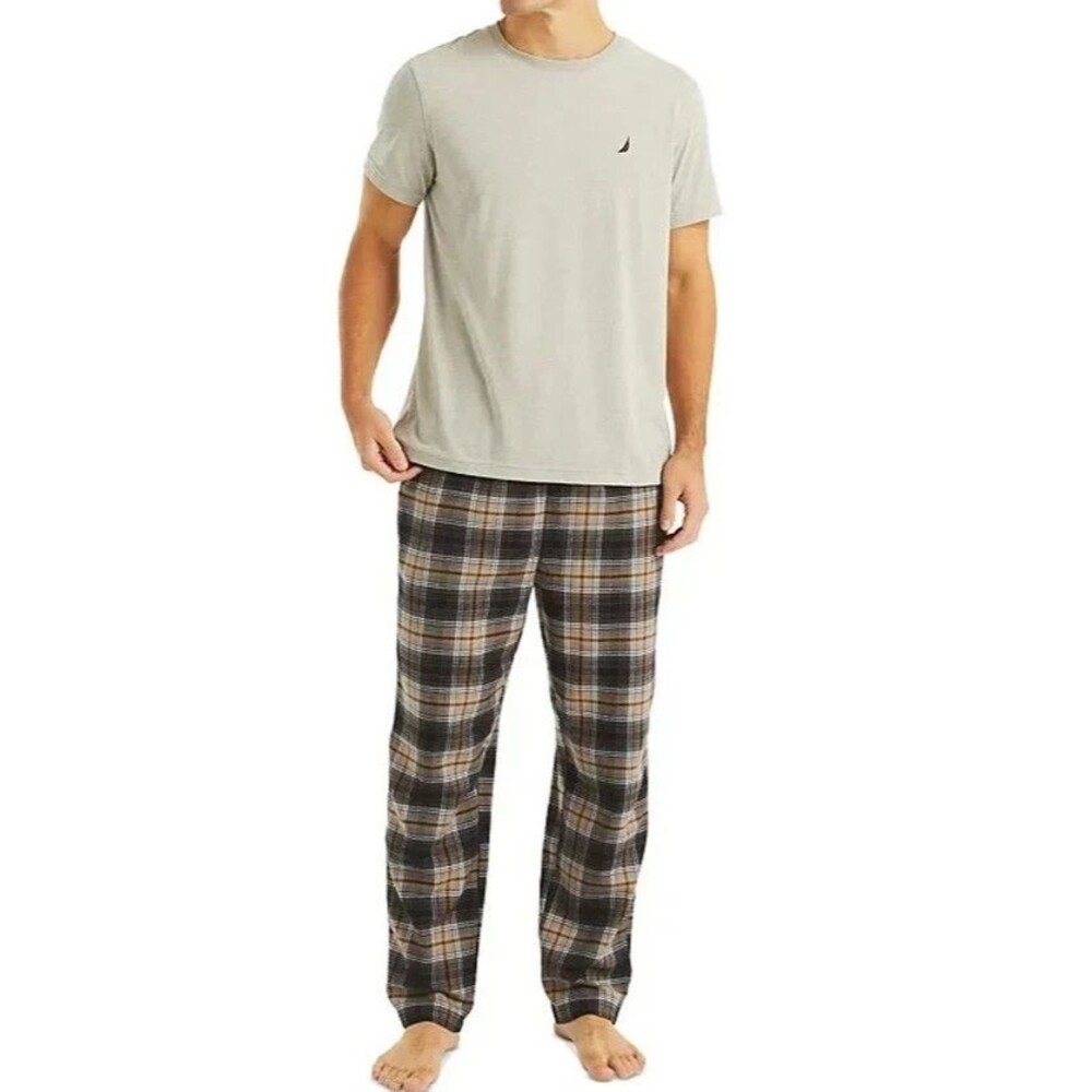 NAUTICA Pajama Set Mens XL Grey Plaid Short Sleeve Flannel Straight Pants PJs